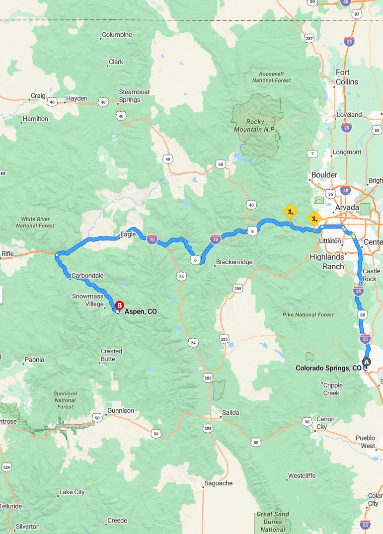 driving from Colorado Springs, Colorado to AspenColorado - map and route