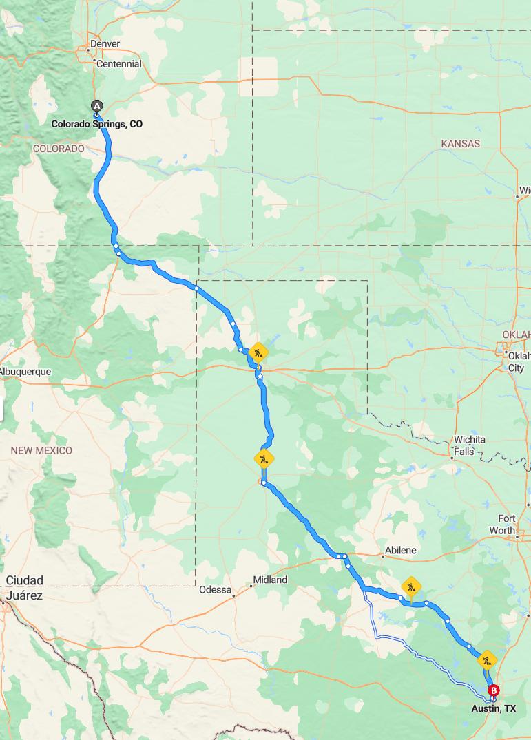 driving from Colorado Springs, Colorado to AustinTexas - map and route