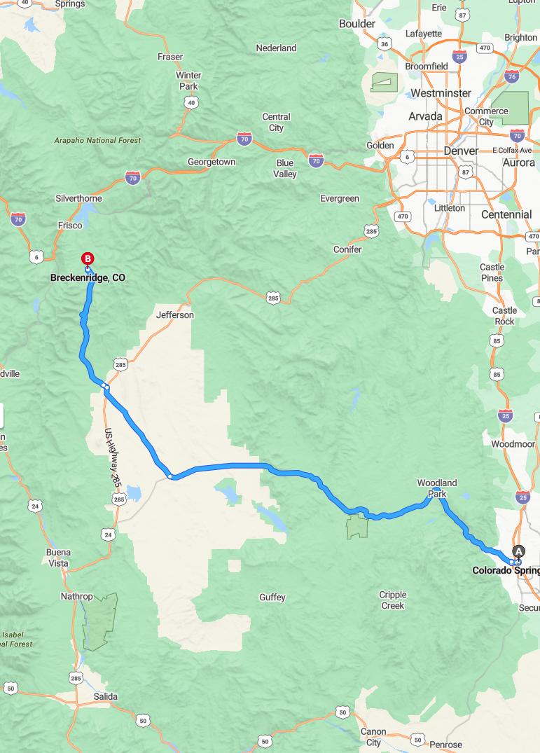 driving from Colorado Springs, Colorado to BreckenridgeColorado - map and route