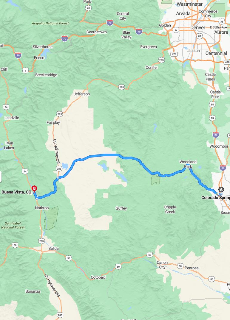 driving from Colorado Springs, Colorado to Buena VistaColorado - map and route
