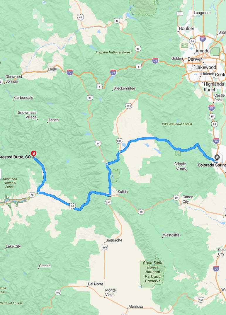 driving from Colorado Springs, Colorado to Crested ButteColorado - map and route