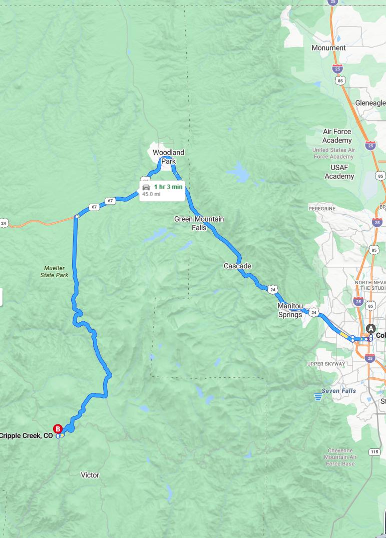 driving from Colorado Springs, Colorado to Cripple CreekColorado - map and route