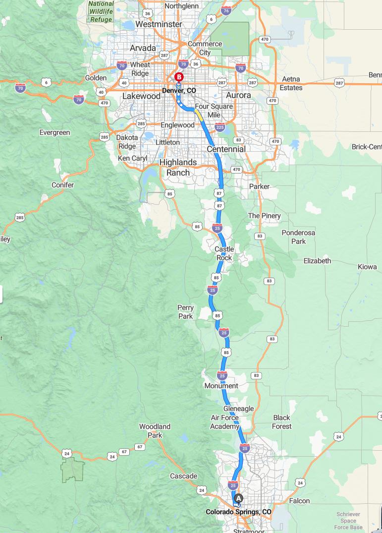 driving from Colorado Springs, Colorado to DenverColorado - map and route