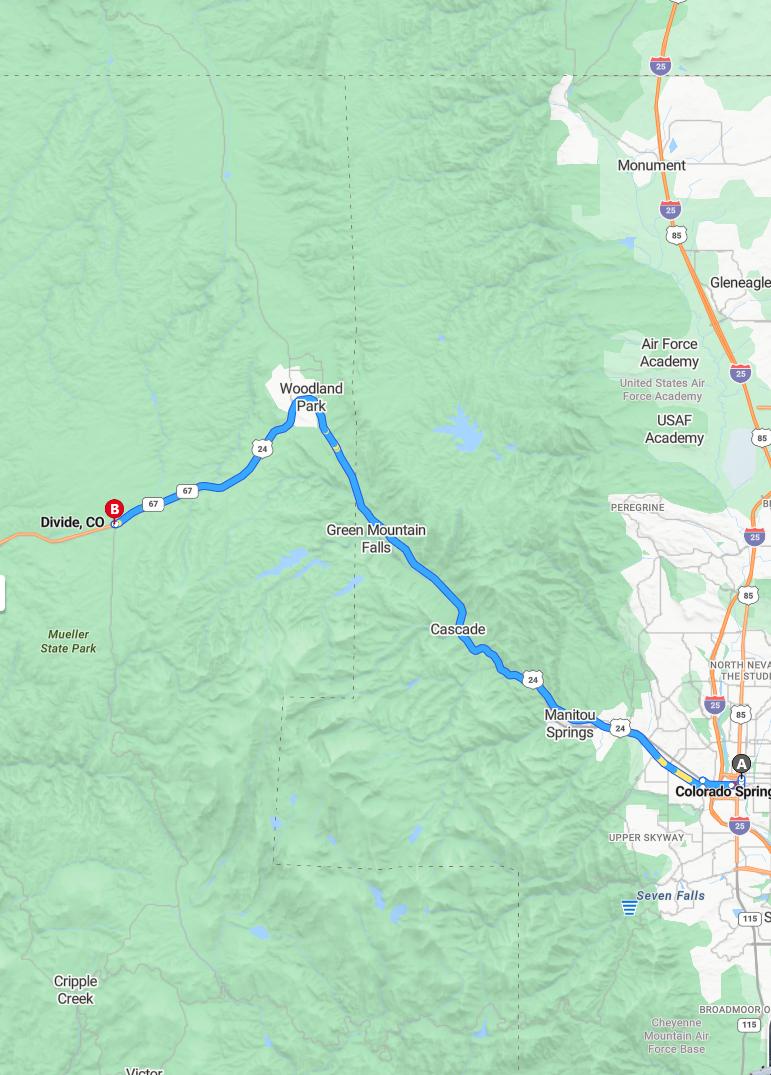 driving from Colorado Springs, Colorado to DivideColorado - map and route