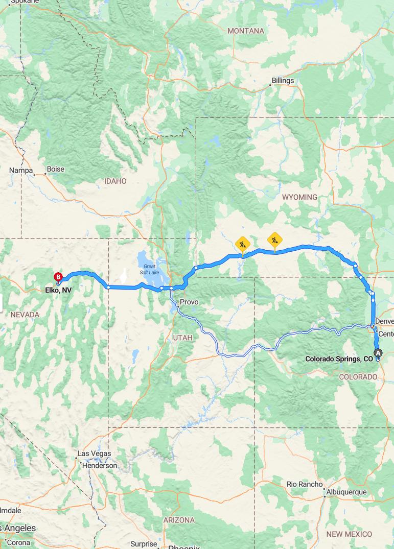 driving from Colorado Springs, Colorado to ElkoNevada - map and route
