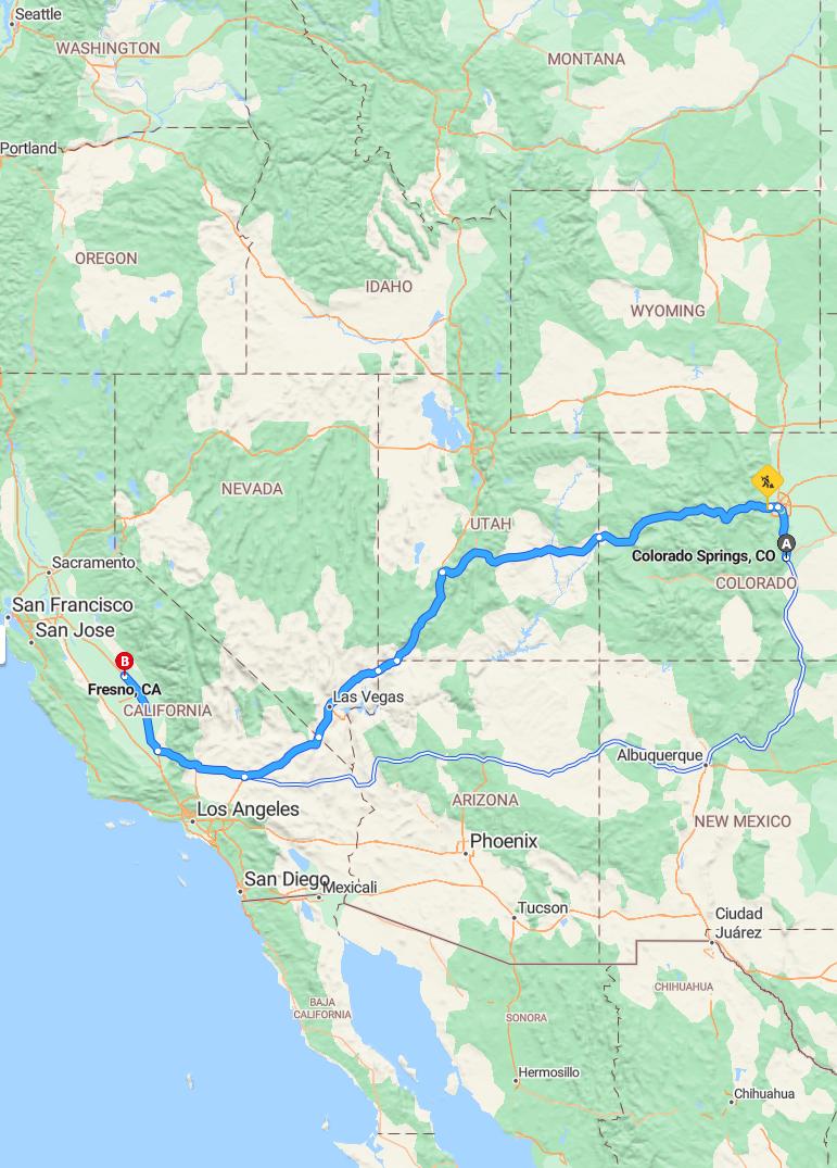 driving from Colorado Springs, Colorado to FresnoCalifornia - map and route