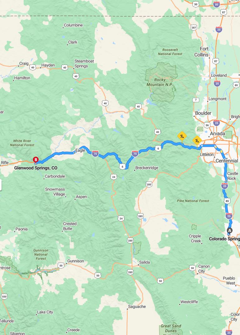 driving from Colorado Springs, Colorado to Glenwood SpringsColorado - map and route