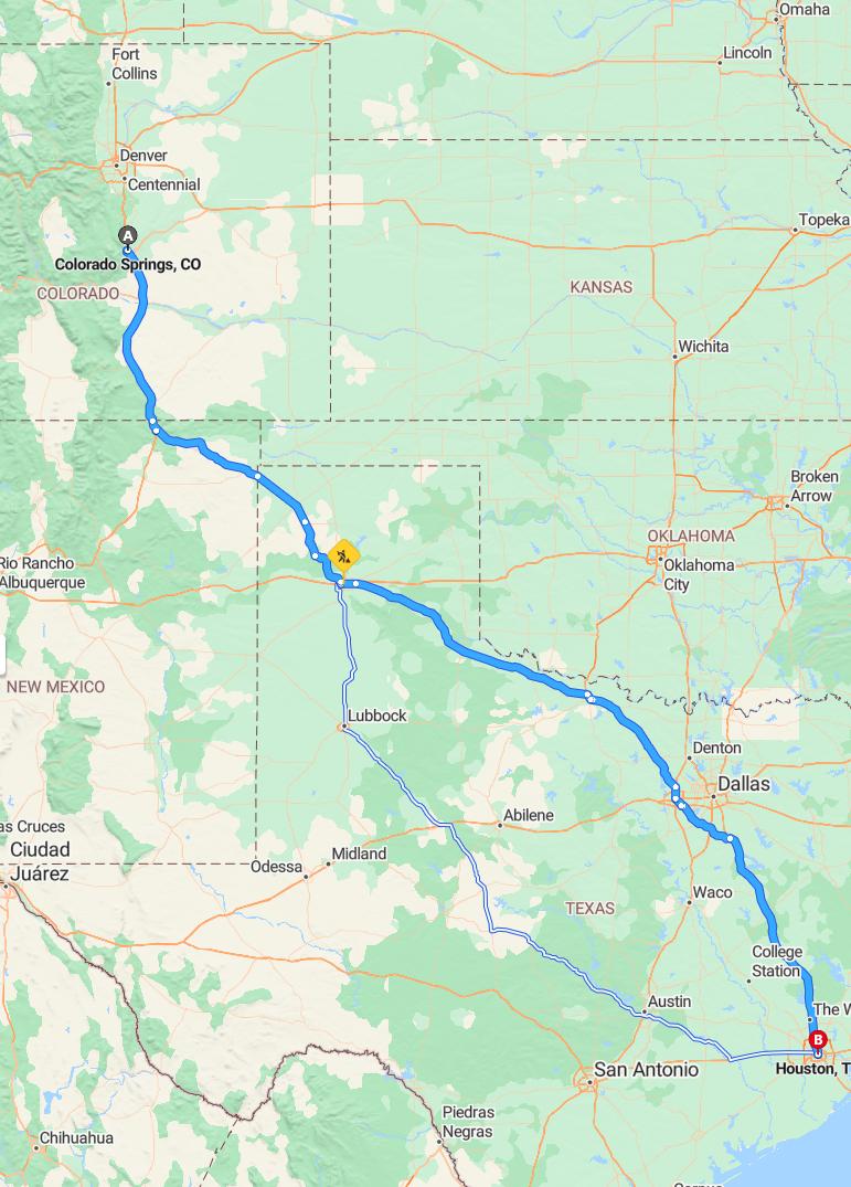 driving from Colorado Springs, Colorado to HoustonTexas - map and route
