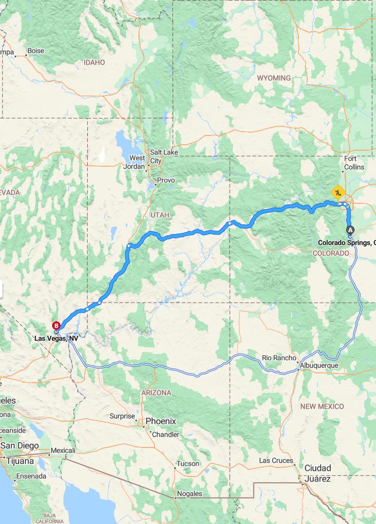 driving from Colorado Springs, Colorado to Las VegasNevada - map and route
