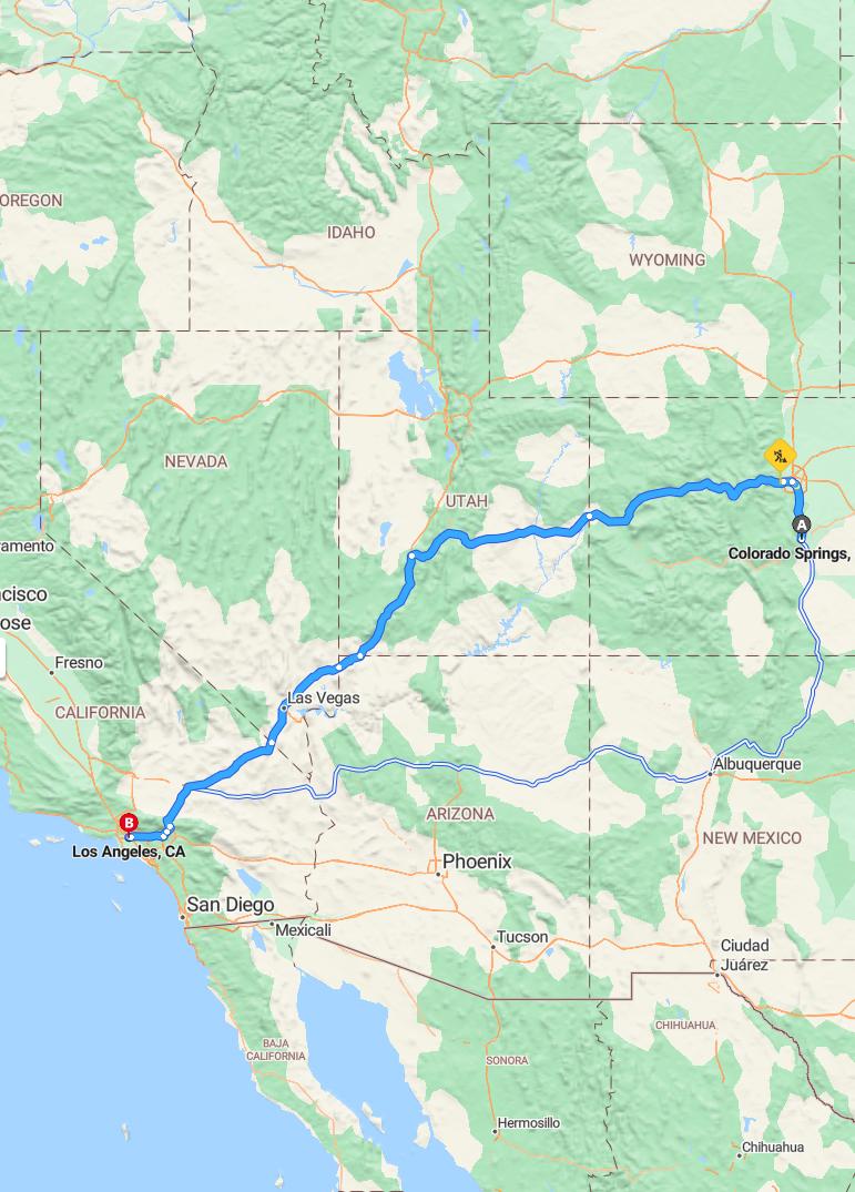 driving from Colorado Springs, Colorado to Los AngelesCalifornia - map and route