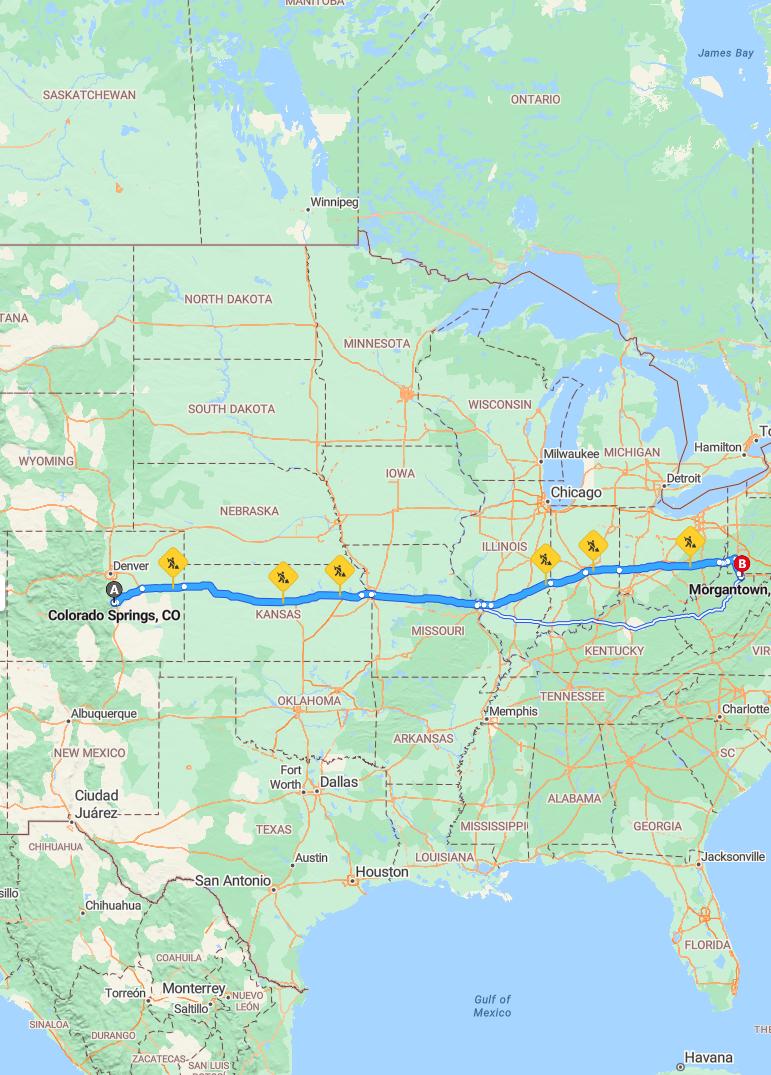 driving from Colorado Springs, Colorado to MorgantownWest Virginia - map and route