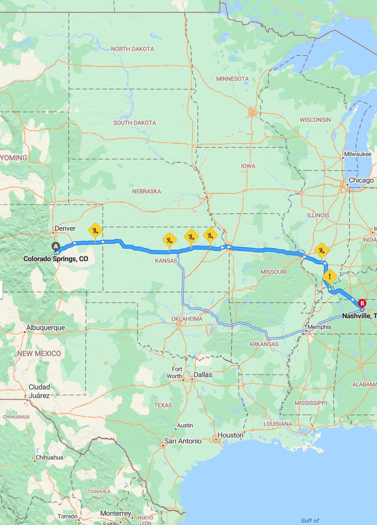 driving from Colorado Springs, Colorado to NashvilleTennessee - map and route