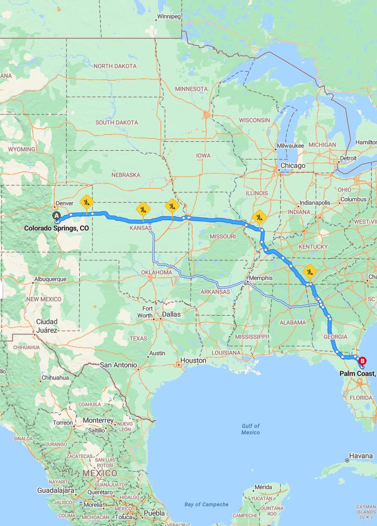 driving from Colorado Springs, Colorado to Palm CoastFlorida - map and route