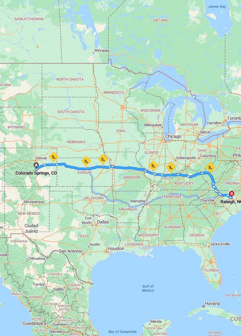 driving from Colorado Springs, Colorado to RaleighNorth Carolina - map and route