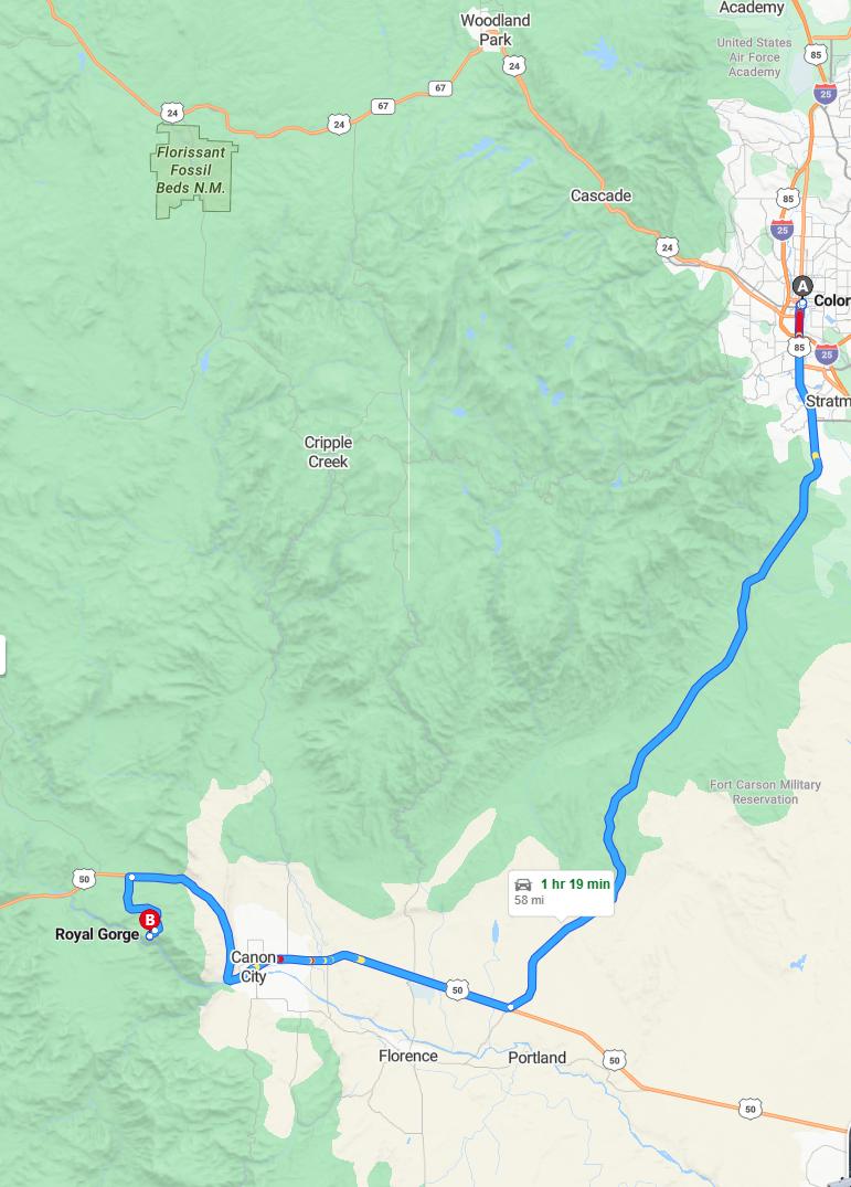 driving from Colorado Springs, Colorado to Royal GorgeColorado - map and route