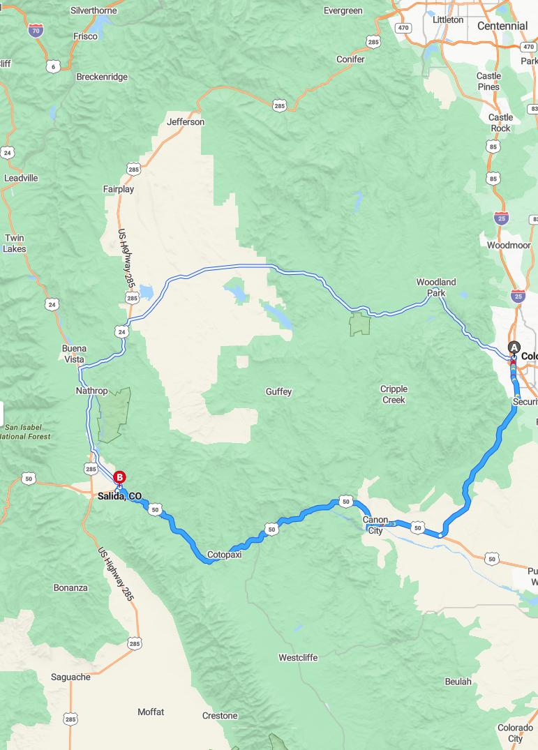 driving from Colorado Springs, Colorado to SalidaColorado - map and route