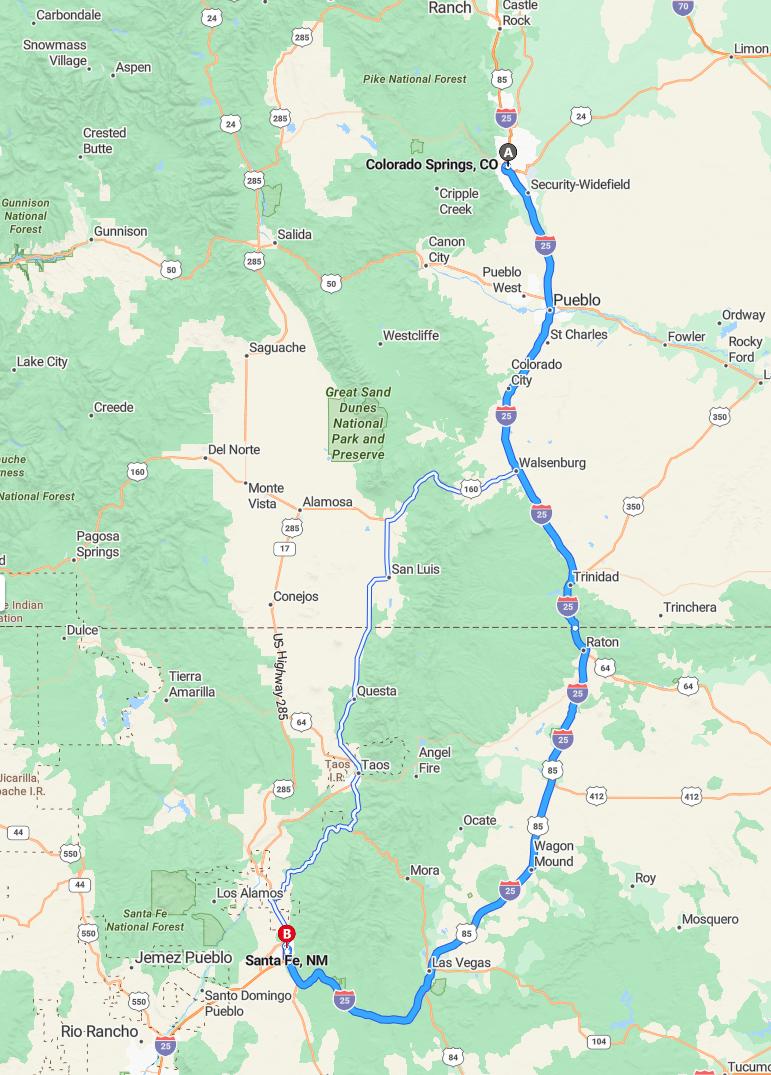 driving from Colorado Springs, Colorado to Santa FeNew Mexico - map and route