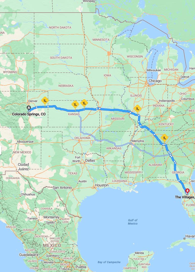 driving from Colorado Springs, Colorado to The VillagesFlorida - map and route