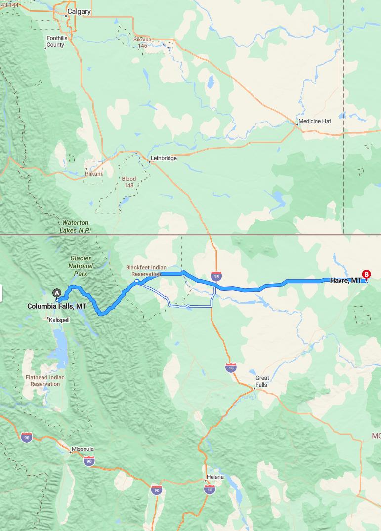 driving from Columbia Falls, Montana to HavreMontana - map and route