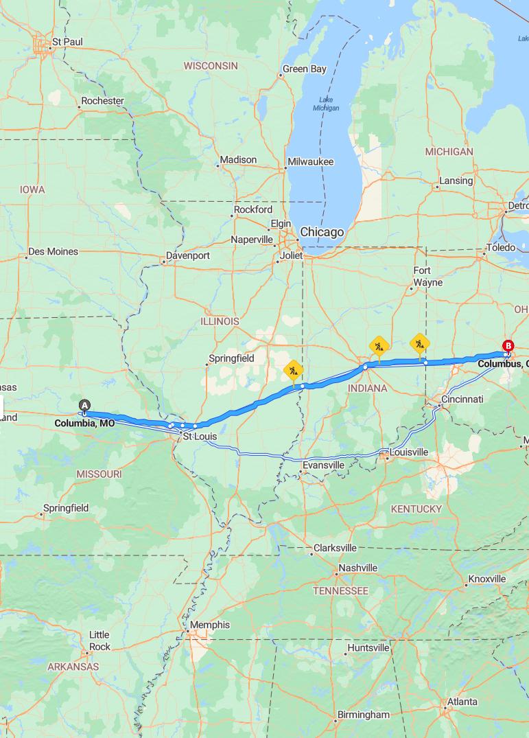 driving from Columbia, Missouri to ColumbusOhio - map and route