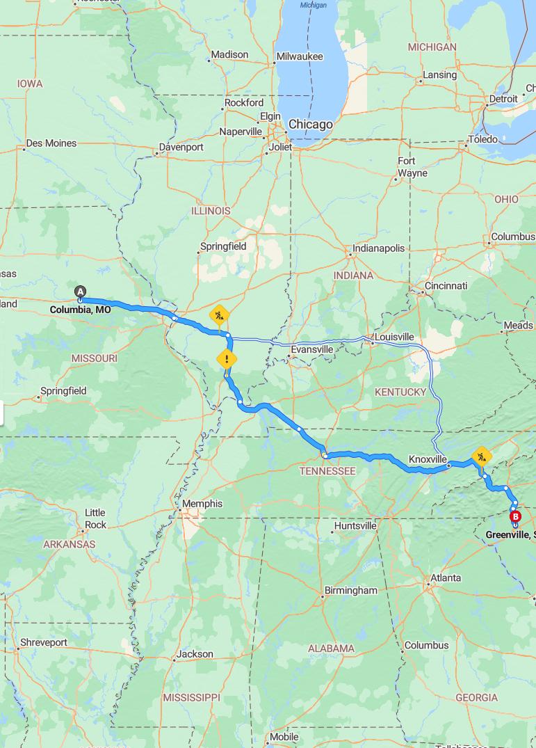 driving from Columbia, Missouri to GreenvilleSouth Carolina - map and route