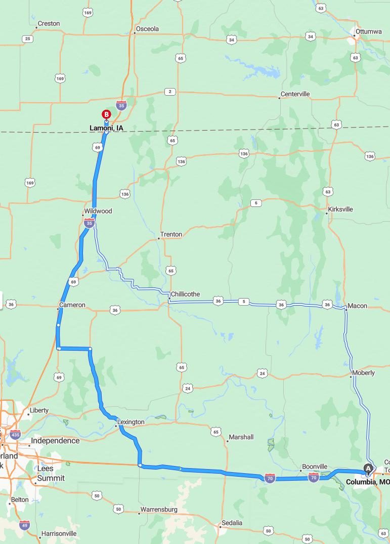 driving from Columbia, Missouri to LamoniIowa - map and route