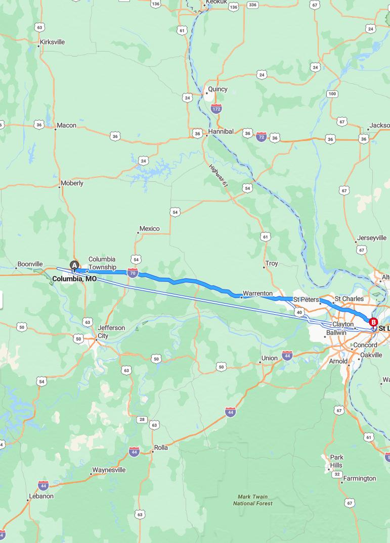 driving from Columbia, Missouri to St. LouisMissouri - map and route