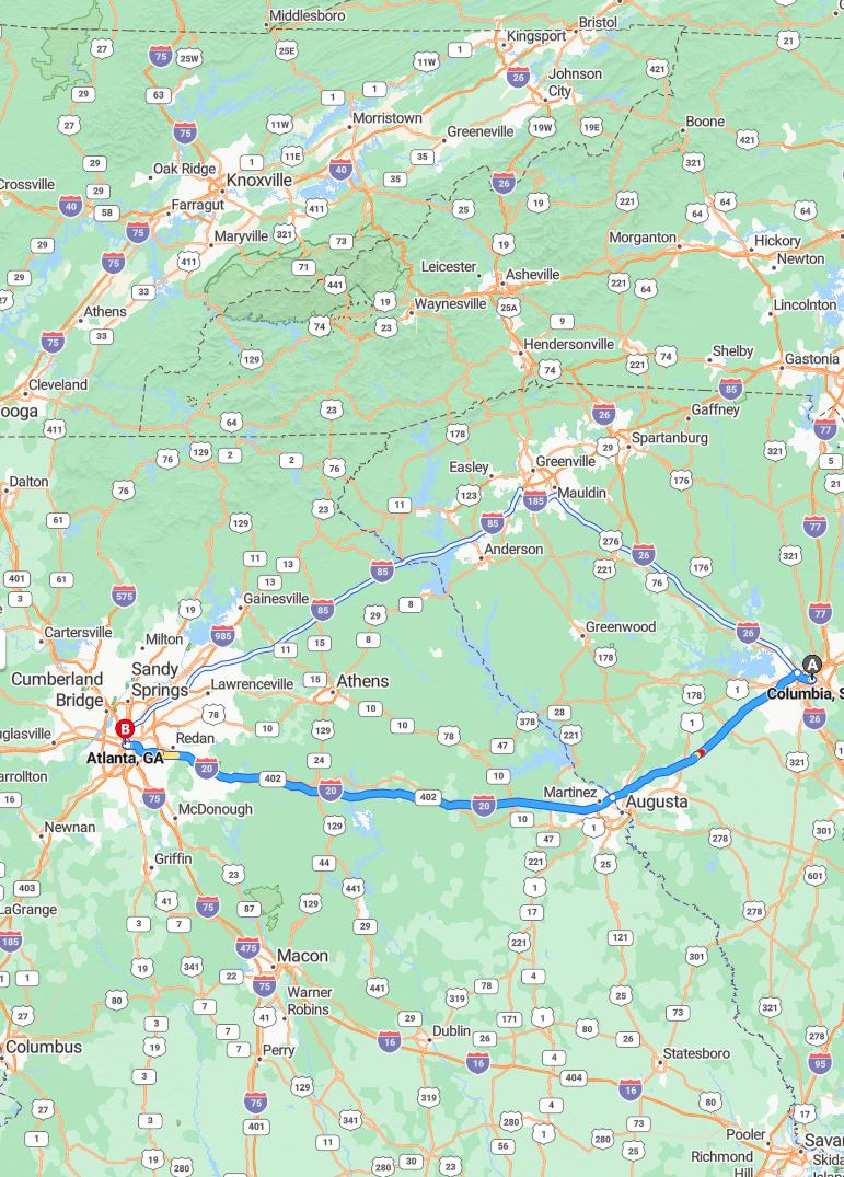 driving from Columbia, South Carolina to AtlantaGeorgia - map and route
