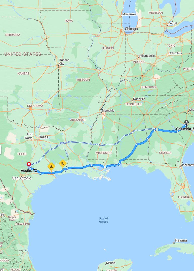 driving from Columbia, South Carolina to AustinTexas - map and route