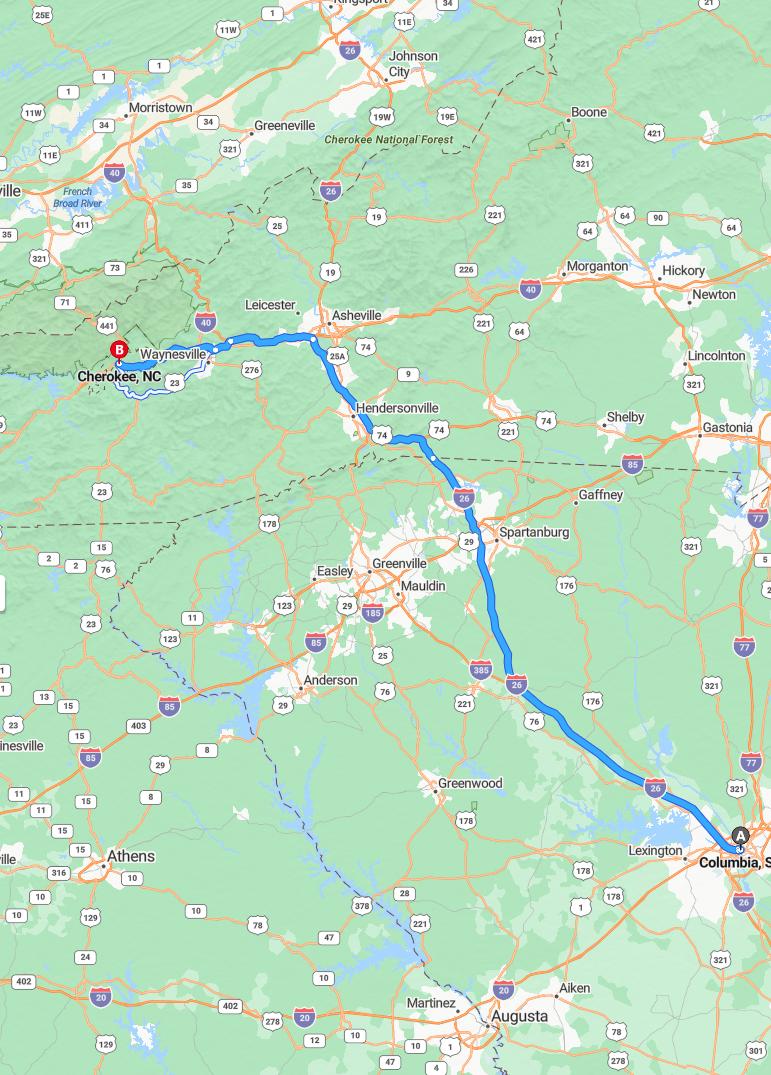 driving from Columbia, South Carolina to CherokeeNorth Carolina - map and route