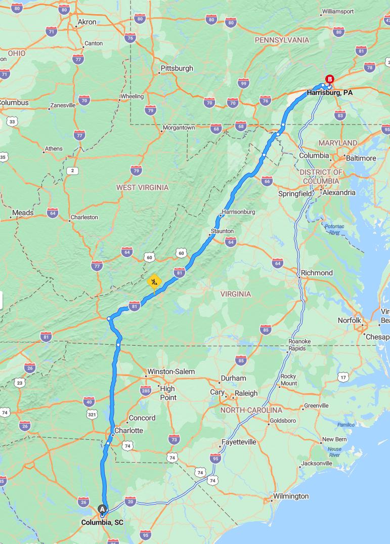 driving from Columbia, South Carolina to HarrisburgPennsylvania - map and route