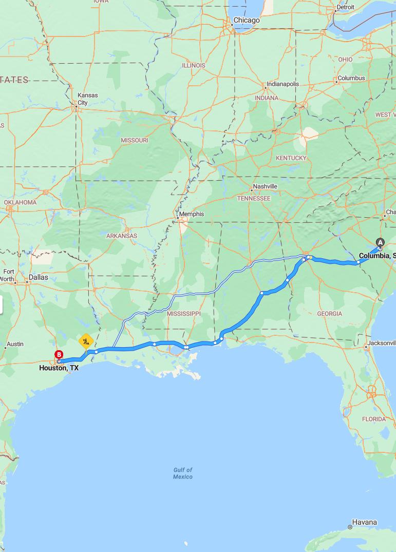 driving from Columbia, South Carolina to HoustonTexas - map and route