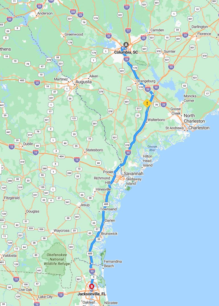 driving from Columbia, South Carolina to JacksonvilleFlorida - map and route