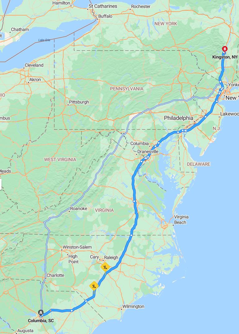 driving from Columbia, South Carolina to KingstonNew York - map and route