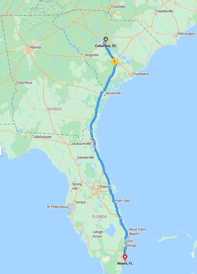 driving from Columbia, South Carolina to MiamiFlorida - map and route