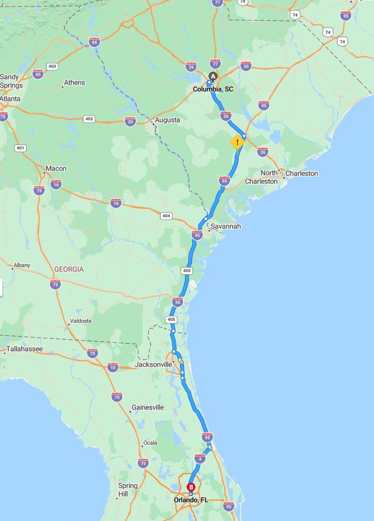 driving from Columbia, South Carolina to OrlandoFlorida - map and route