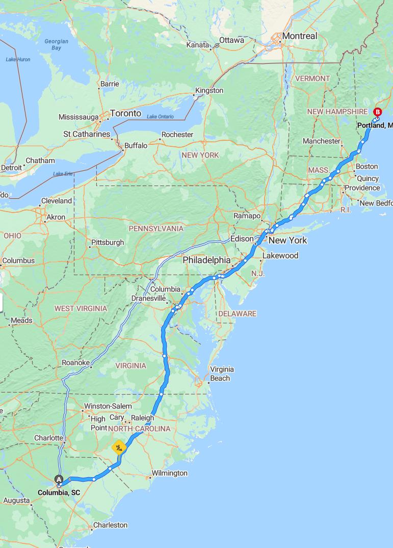 driving from Columbia, South Carolina to PortlandMaine - map and route