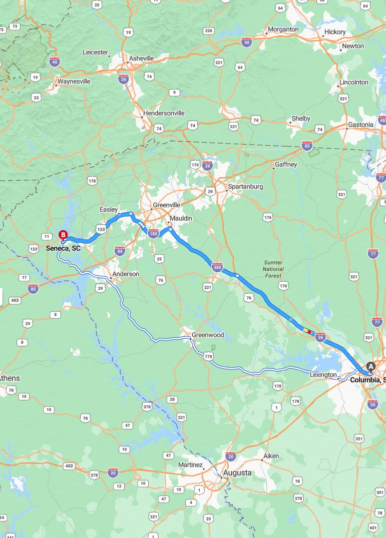 driving from Columbia, South Carolina to SenecaSouth Carolina - map and route