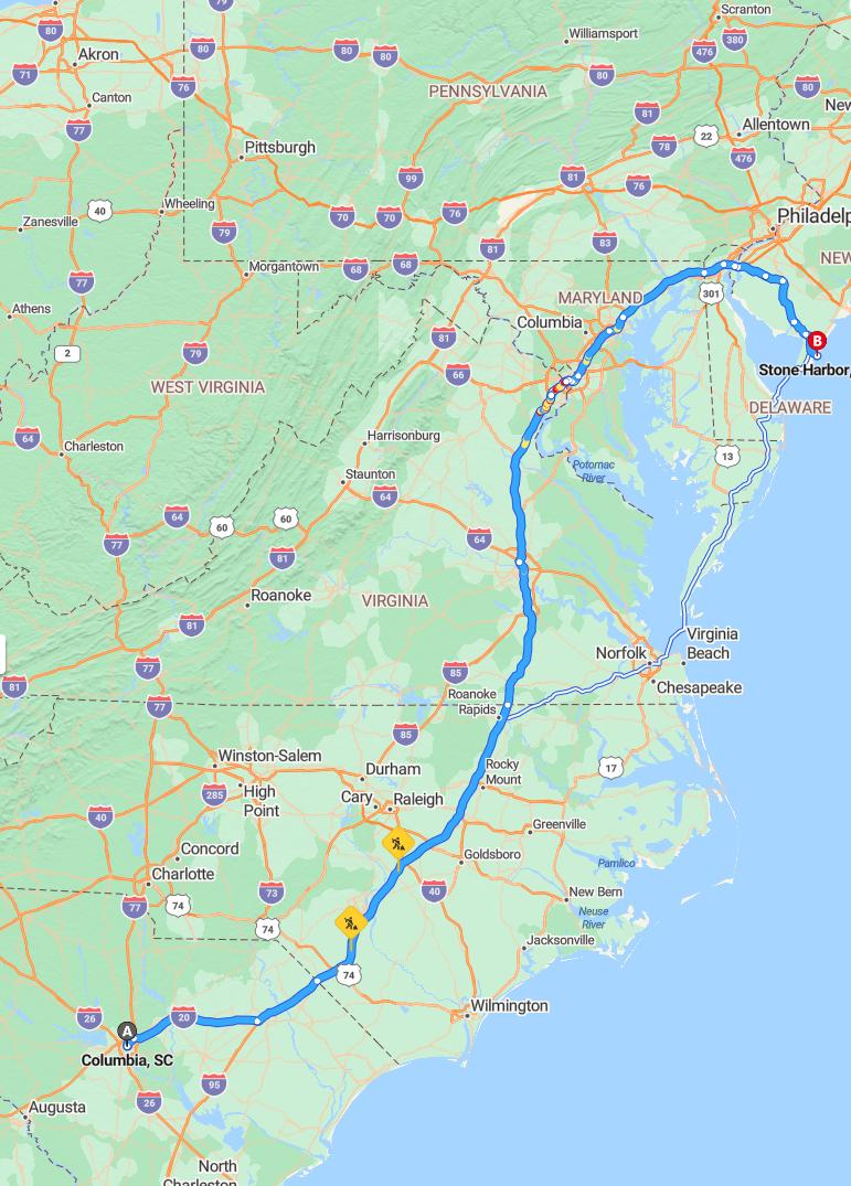 driving from Columbia, South Carolina to Stone HarborNew Jersey - map and route