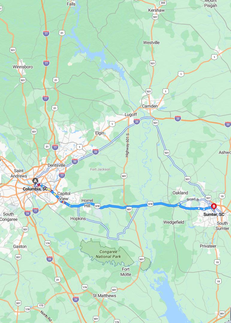 driving from Columbia, South Carolina to SumterSouth Carolina - map and route