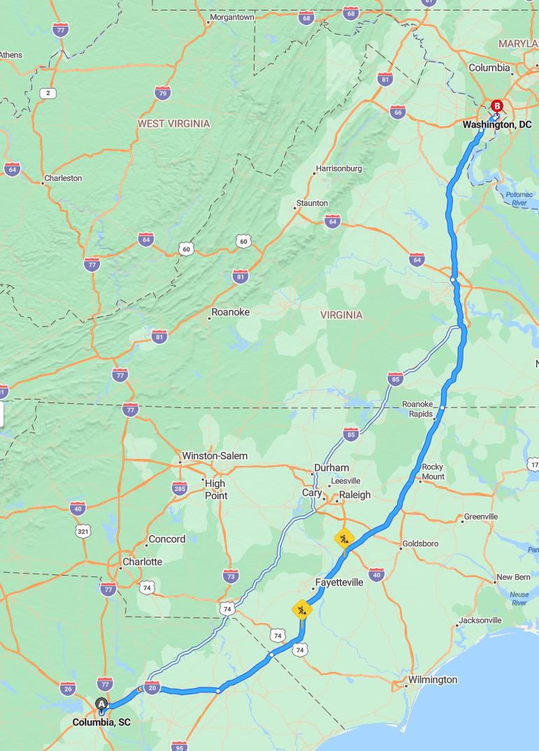 driving from Columbia, South Carolina to WashingtonDistrict of Columbia - map and route