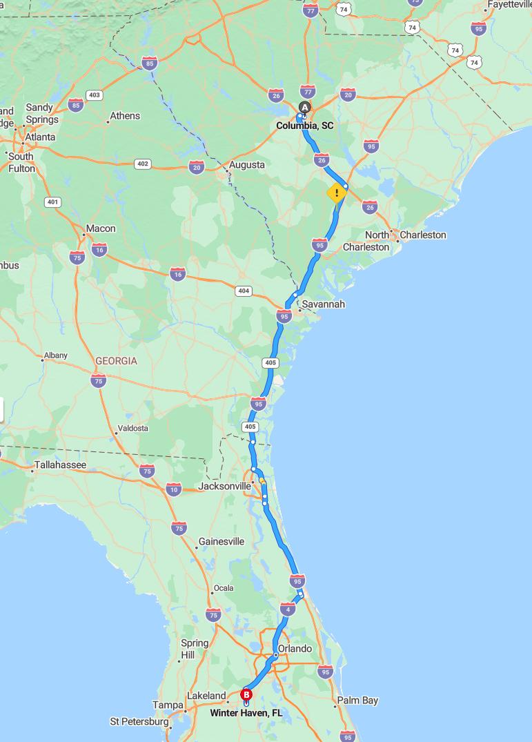driving from Columbia, South Carolina to Winter HavenFlorida - map and route