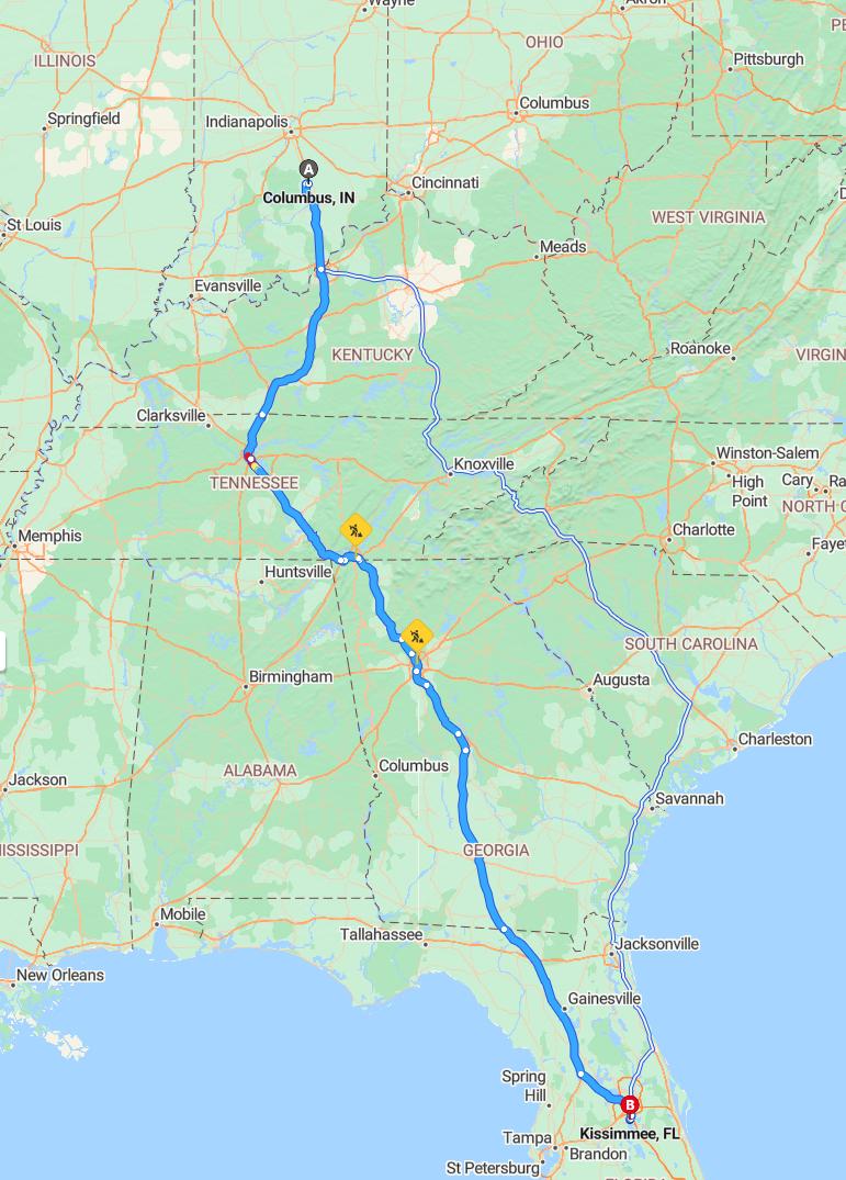 driving from Columbus, Indiana to KissimmeeFlorida - map and route