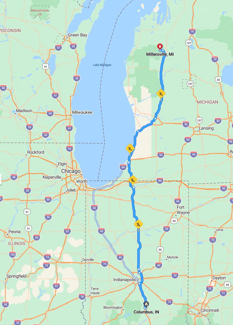 driving from Columbus, Indiana to MillersvilleMichigan - map and route