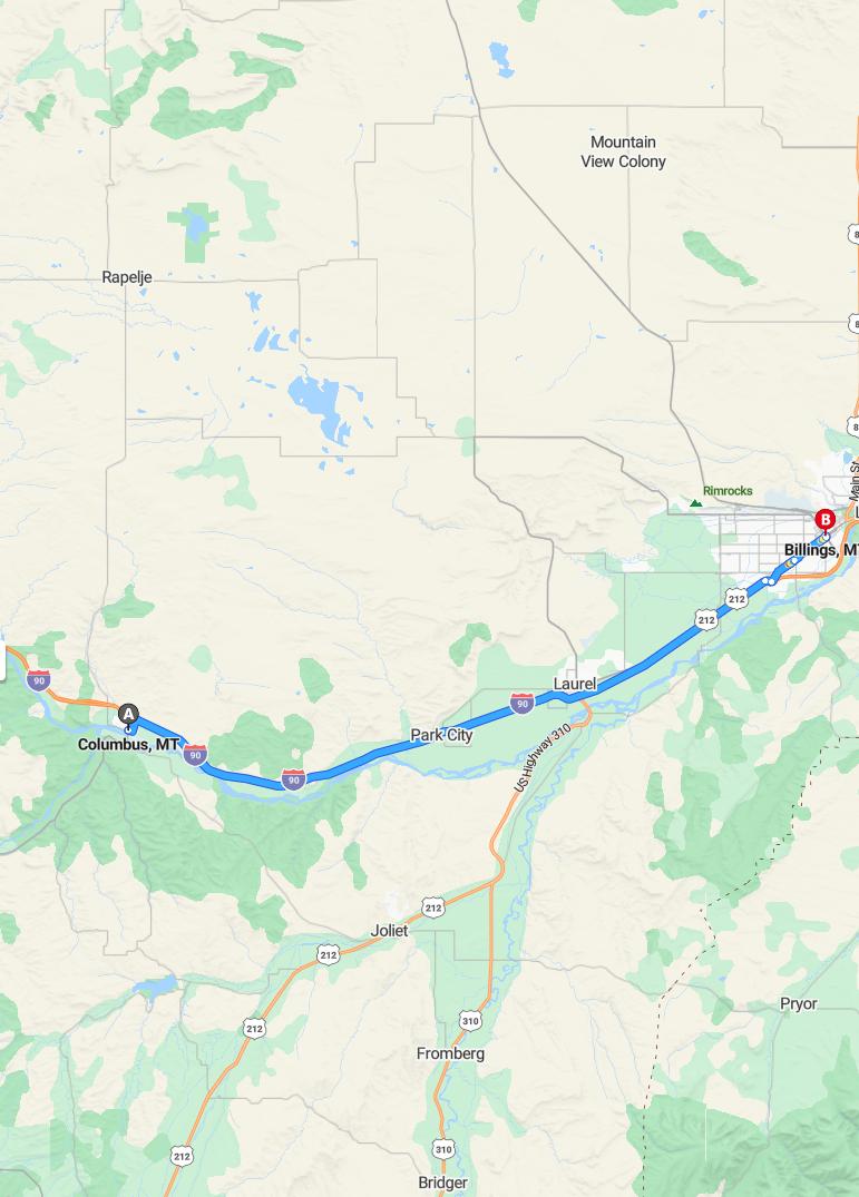 driving from Columbus, Montana to BillingsMontana - map and route