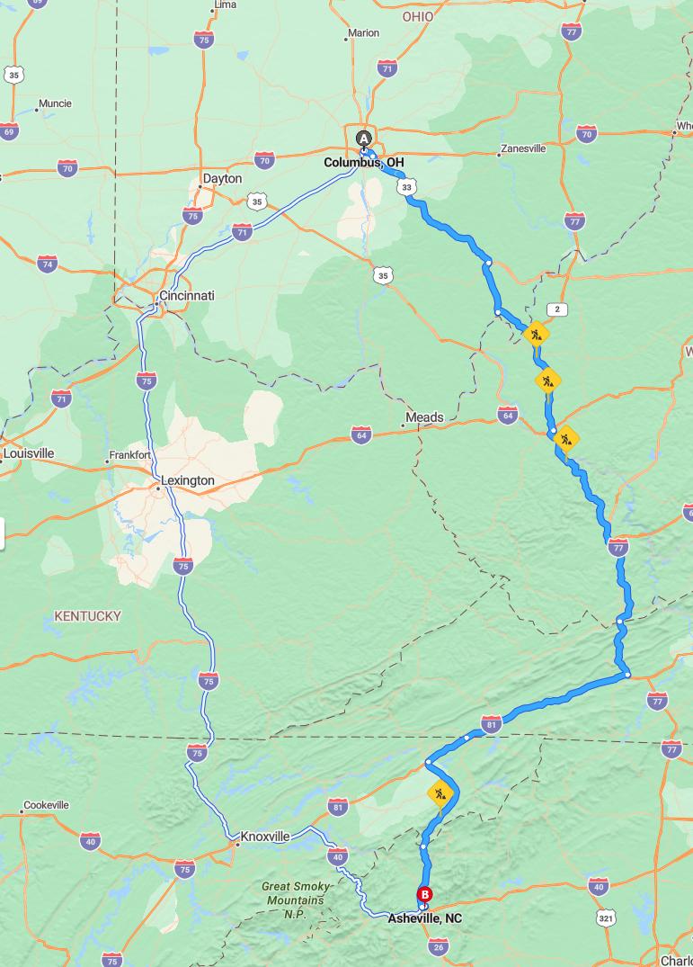 driving from Columbus, Ohio to AshevilleNorth Carolina - map and route