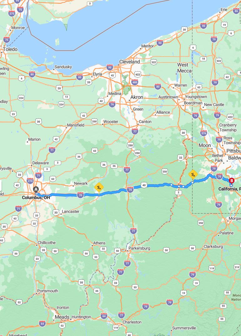 driving from Columbus, Ohio to CaliforniaPennsylvania - map and route