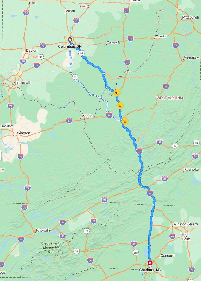 driving from Columbus, Ohio to CharlotteNorth Carolina - map and route