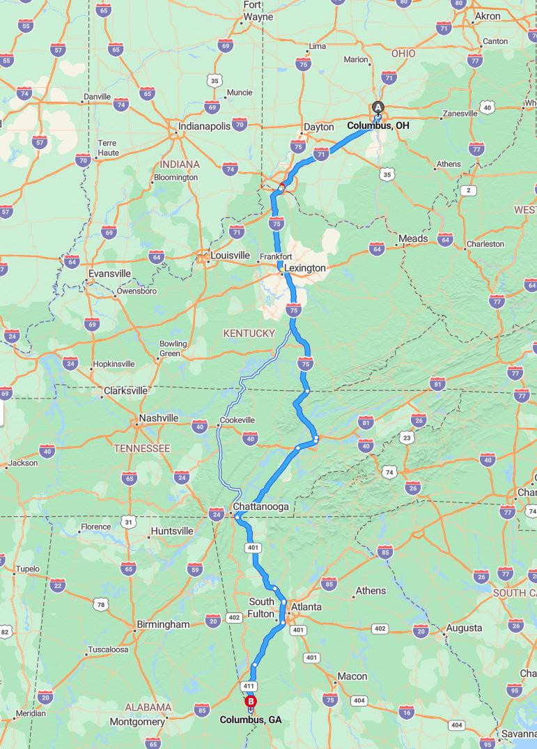 driving from Columbus, Ohio to ColumbusGeorgia - map and route