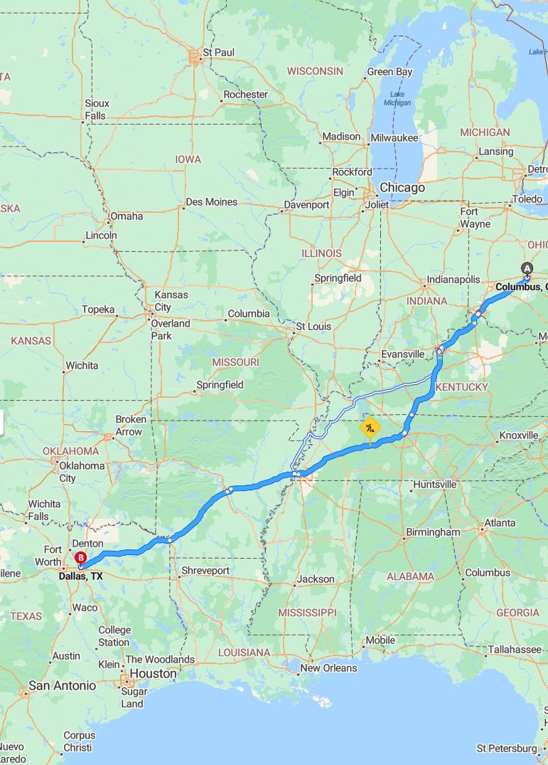 driving from Columbus, Ohio to DallasTexas - map and route